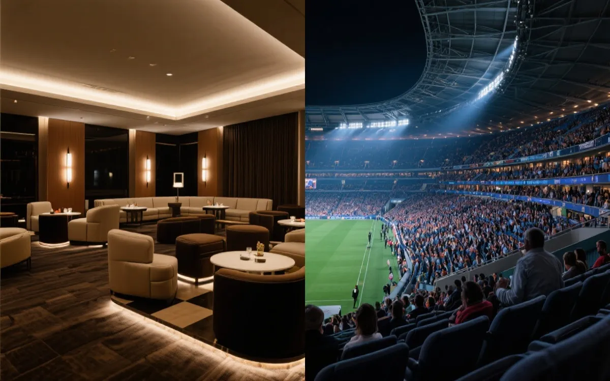 体育场贵宾休息区与标准看台的动线与体验差异示意图